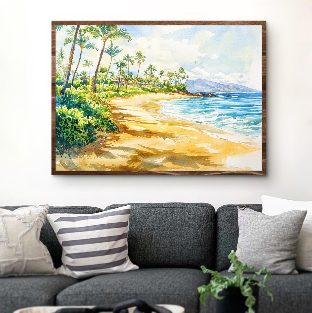 Wailea Beach Hawaii Watercolor Poster Wailea Travel Print Coastal Landscape Painting Tropical Wall Art Maui Souvenir