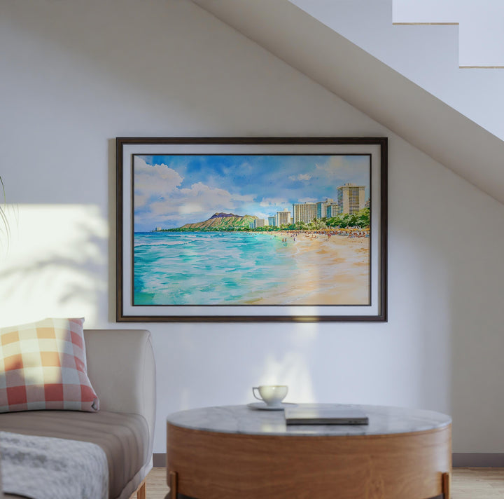 Waikiki Beach Hawaii Watercolor Poster Waikiki Travel Print Coastal Landscape Painting Tropical Wall Art Oahu Souvenir