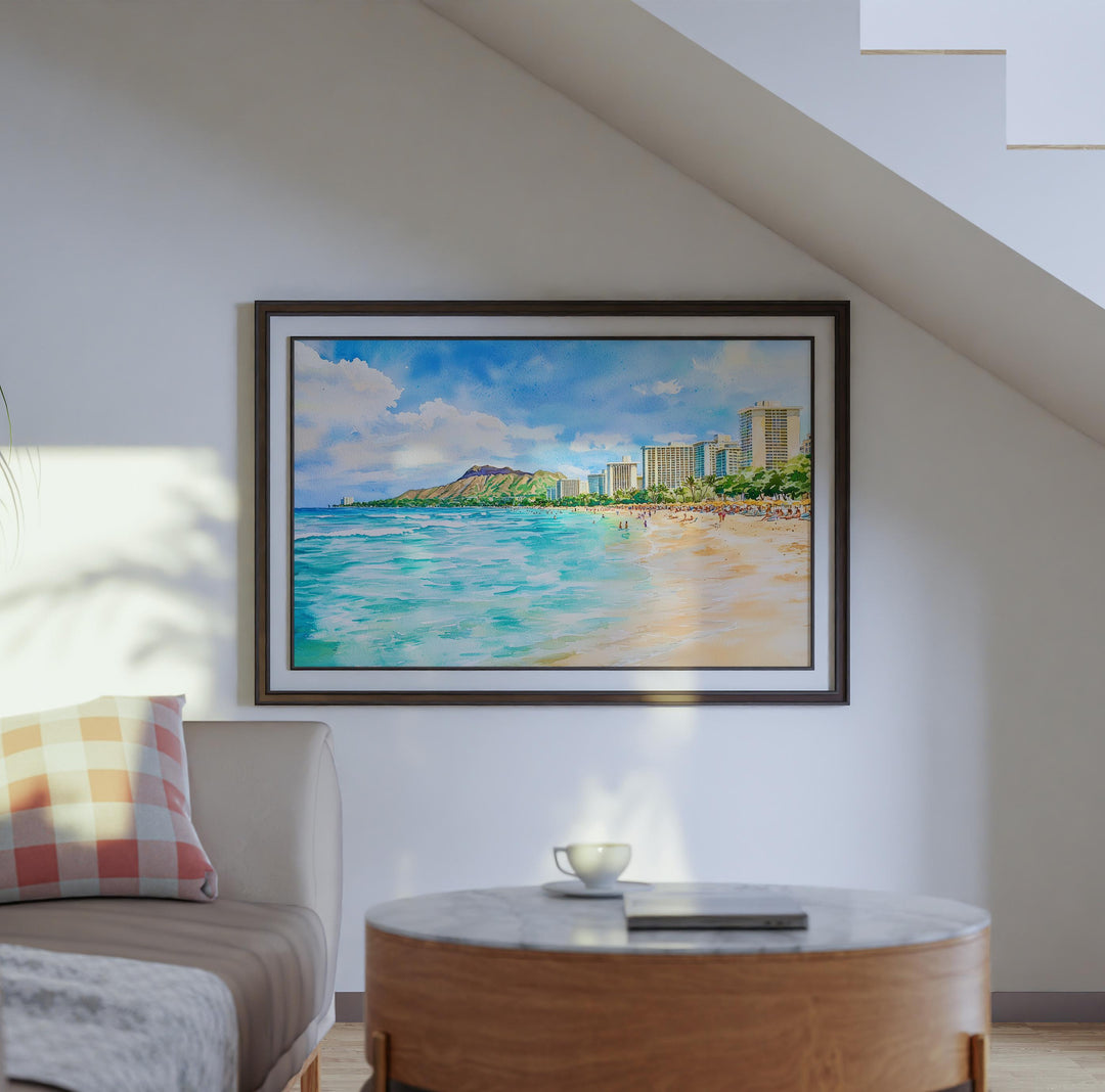 Waikiki Beach Hawaii Watercolor Poster Waikiki Travel Print Coastal Landscape Painting Tropical Wall Art Oahu Souvenir