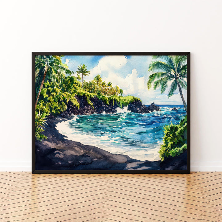 Waiʻānapanapa State Park Hawaii Watercolor Poster Maui Travel Print Landscape Painting Coastal Wall Art Tropical Souvenir