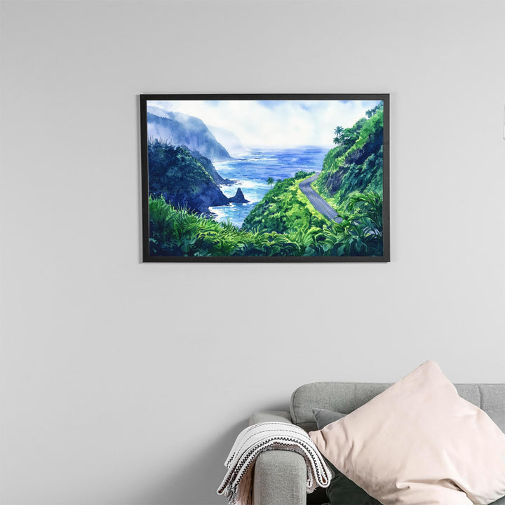 Road to Hana Hawaii Watercolor Poster Maui Travel Print Landscape Painting Tropical Wall Art Coastal Souvenir