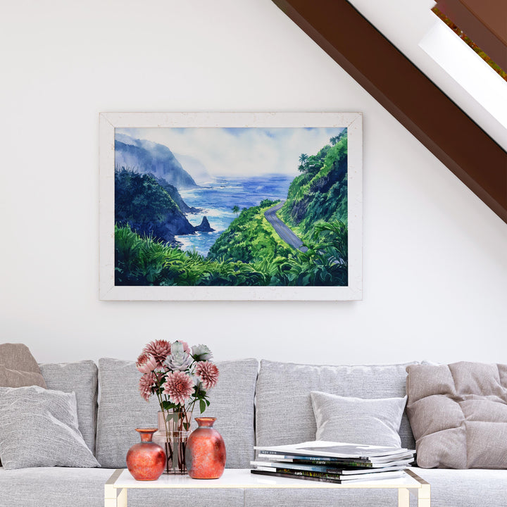 Road to Hana Hawaii Watercolor Poster Maui Travel Print Landscape Painting Tropical Wall Art Coastal Souvenir