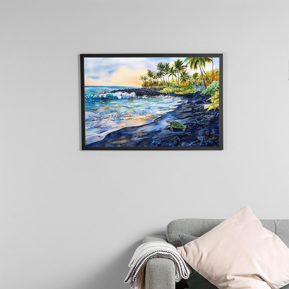 Punaluʻu Black Sand Beach Hawaii Watercolor Poster Big Island Travel Print Coastal Landscape Painting Tropical Souvenir