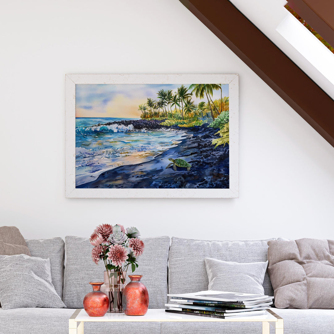 Punaluʻu Black Sand Beach Hawaii Watercolor Poster Big Island Travel Print Coastal Landscape Painting Tropical Souvenir