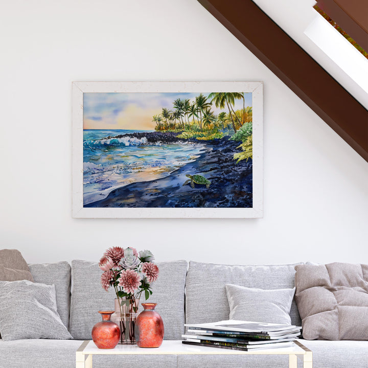 Punaluʻu Black Sand Beach Hawaii Watercolor Poster Big Island Travel Print Coastal Landscape Painting Tropical Souvenir
