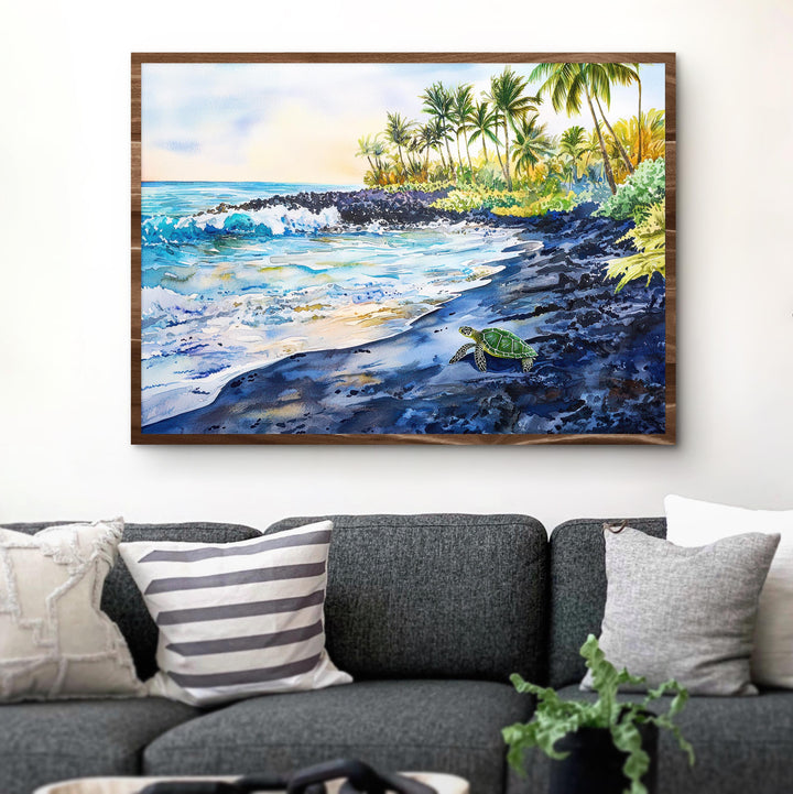 Punaluʻu Black Sand Beach Hawaii Watercolor Poster Big Island Travel Print Coastal Landscape Painting Tropical Souvenir