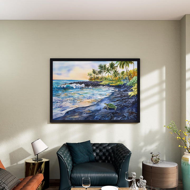 Punaluʻu Black Sand Beach Hawaii Watercolor Poster Big Island Travel Print Coastal Landscape Painting Tropical Souvenir