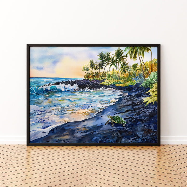 Punaluʻu Black Sand Beach Hawaii Watercolor Poster Big Island Travel Print Coastal Landscape Painting Tropical Souvenir