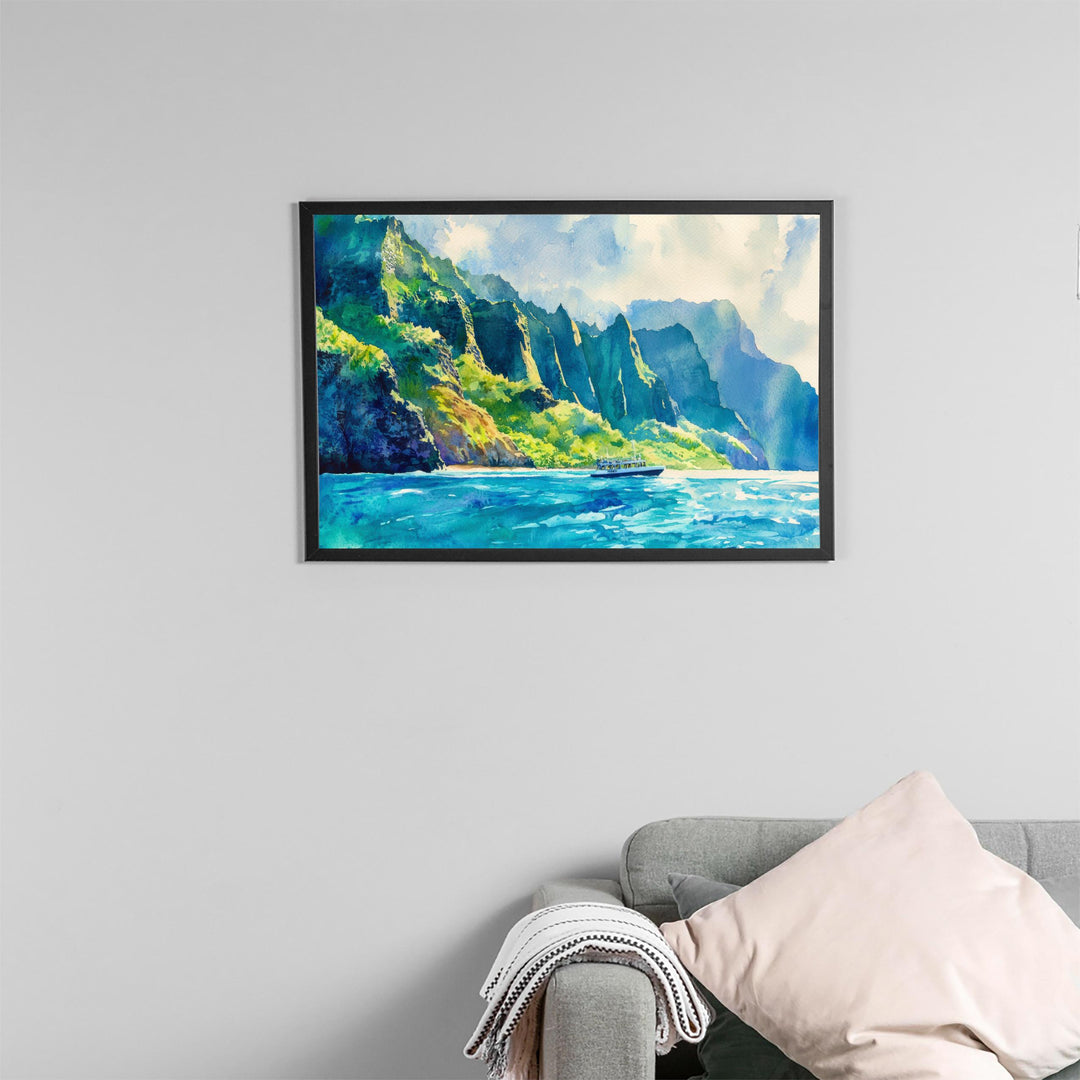 Nā Pali Coast Hawaii Watercolor Poster Kauai Travel Print Landscape Painting Coastal Wall Art Tropical Island Souvenir
