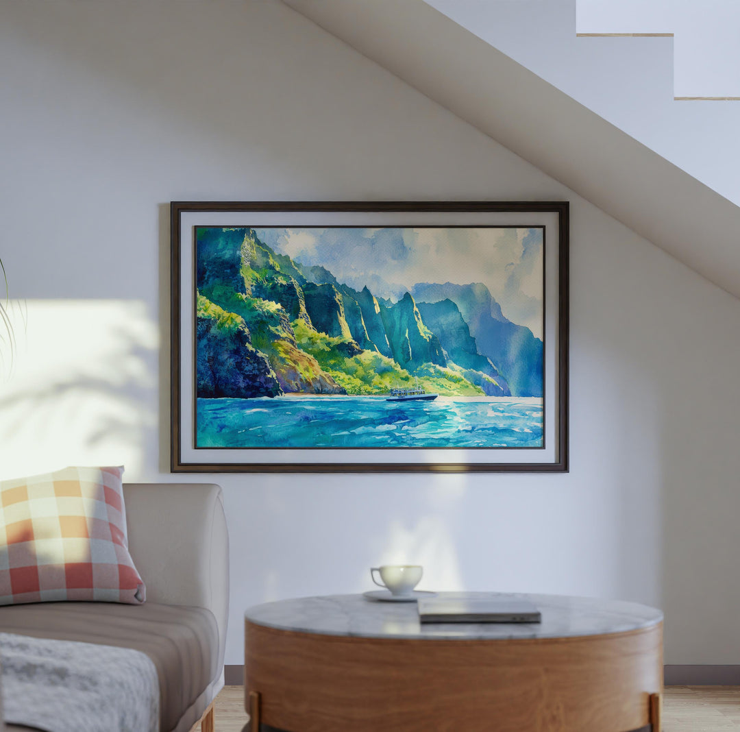 Nā Pali Coast Hawaii Watercolor Poster Kauai Travel Print Landscape Painting Coastal Wall Art Tropical Island Souvenir