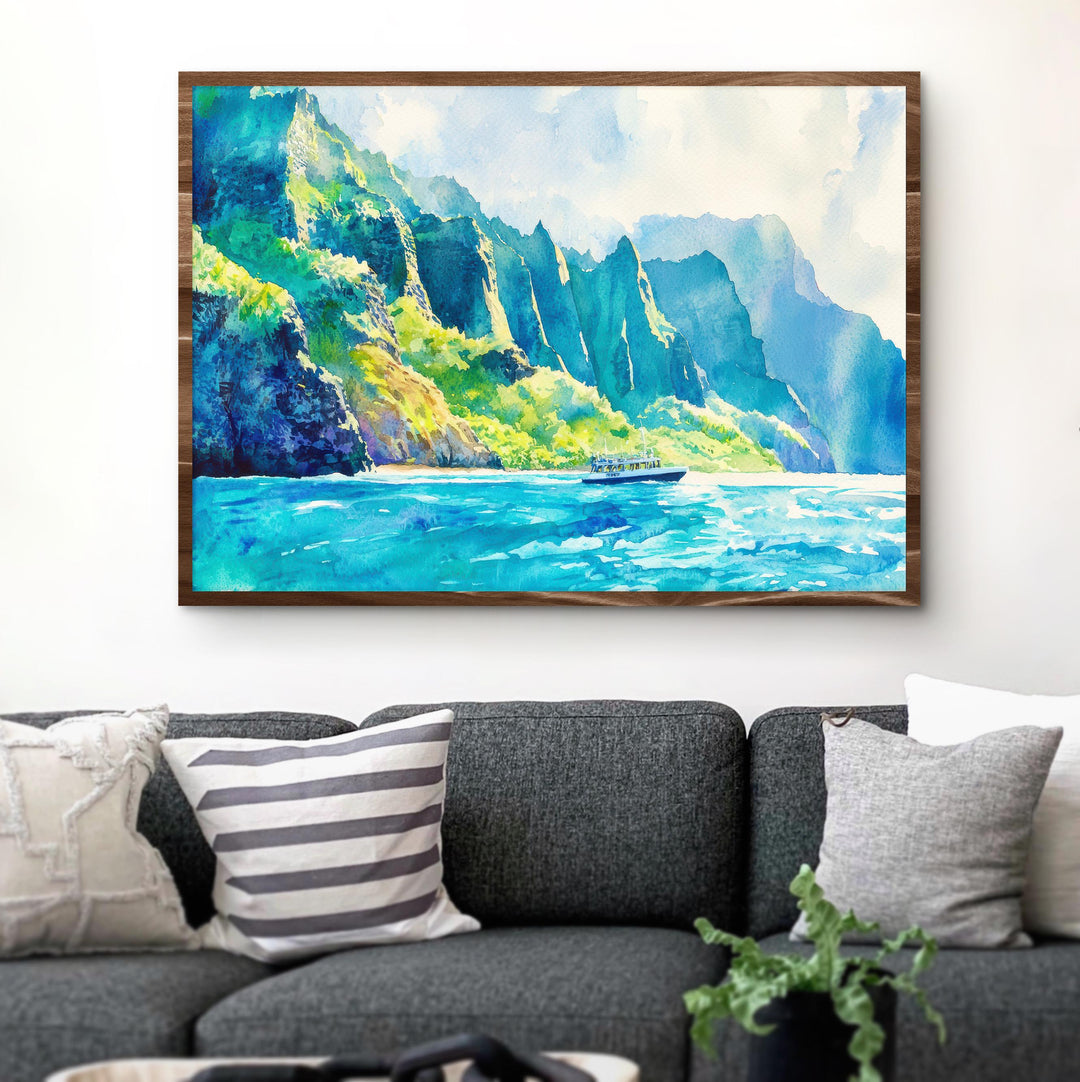 Nā Pali Coast Hawaii Watercolor Poster Kauai Travel Print Landscape Painting Coastal Wall Art Tropical Island Souvenir