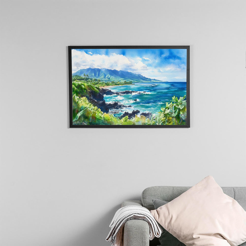 Maui Hawaii Watercolor Poster Maui Travel Print Island Landscape Painting Coastal Wall Art Tropical Paradise Souvenir
