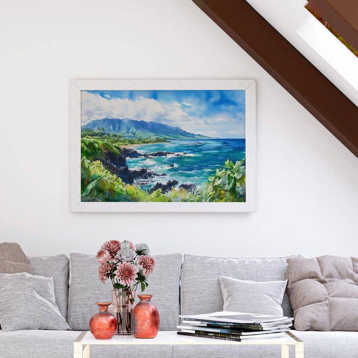 Maui Hawaii Watercolor Poster Maui Travel Print Island Landscape Painting Coastal Wall Art Tropical Paradise Souvenir