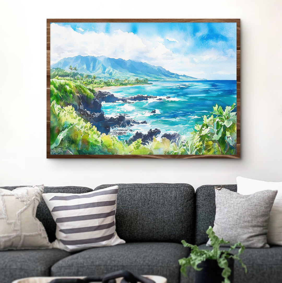 Maui Hawaii Watercolor Poster Maui Travel Print Island Landscape Painting Coastal Wall Art Tropical Paradise Souvenir