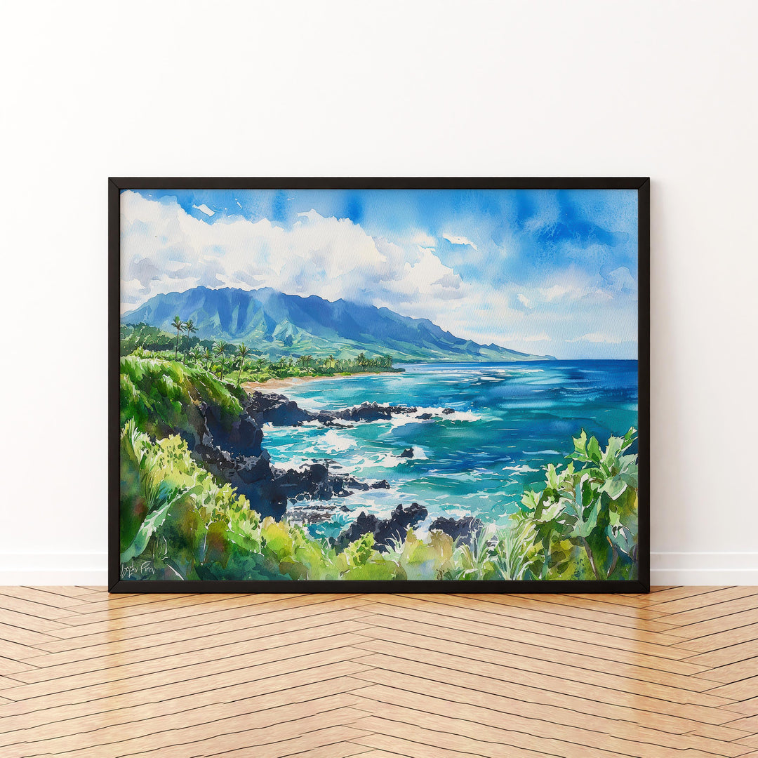 Maui Hawaii Watercolor Poster Maui Travel Print Island Landscape Painting Coastal Wall Art Tropical Paradise Souvenir