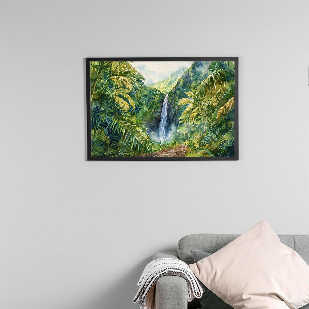 Manoa Falls Hawaii Watercolor Poster Oahu Travel Print Waterfall Landscape Painting Tropical Wall Art Island Souvenir