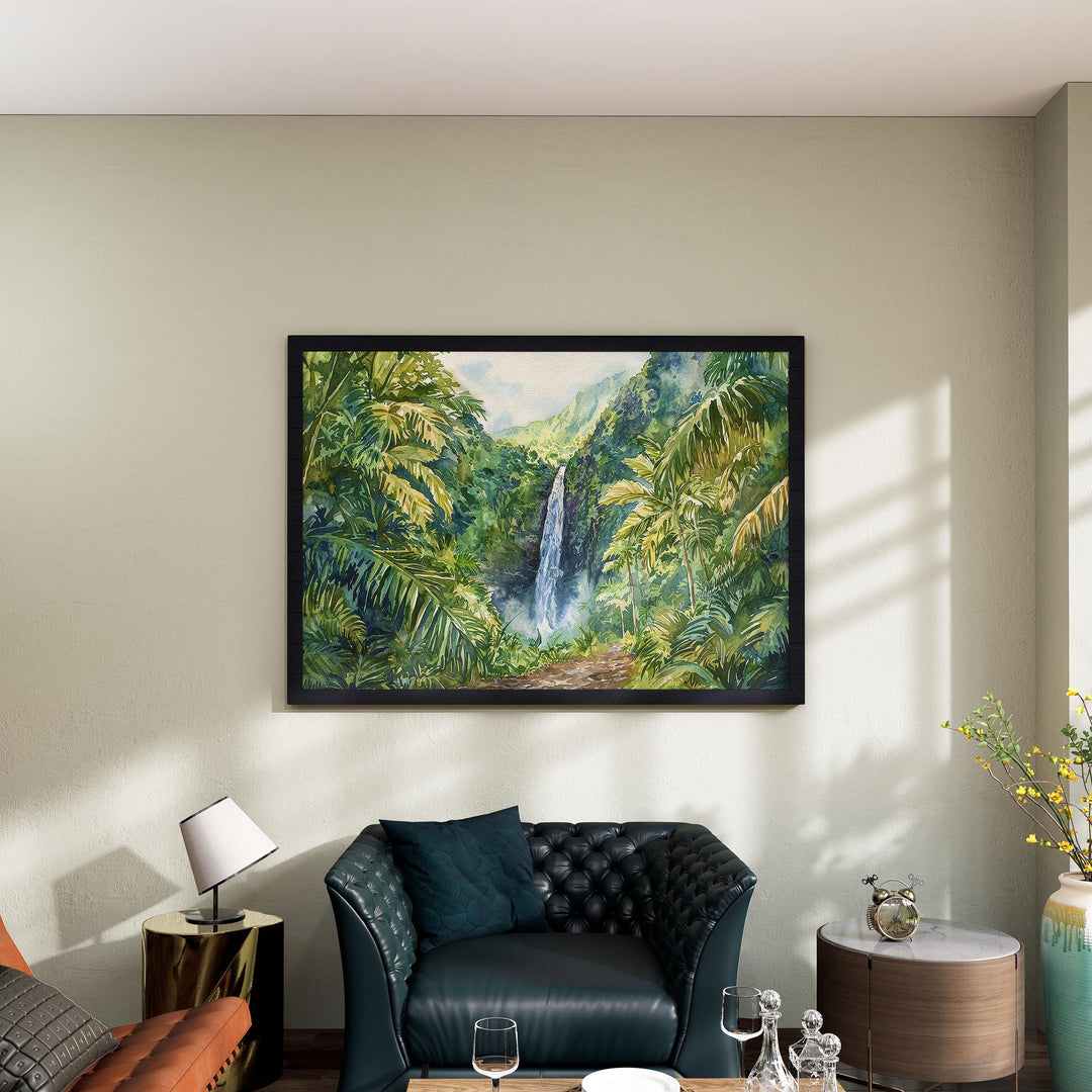 Manoa Falls Hawaii Watercolor Poster Oahu Travel Print Waterfall Landscape Painting Tropical Wall Art Island Souvenir