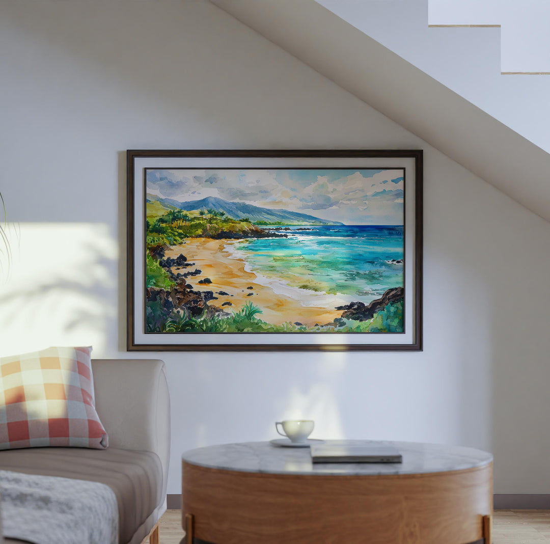 Makena Beach Hawaii Watercolor Poster Maui Travel Print Coastal Landscape Painting Tropical Wall Art Island Souvenir