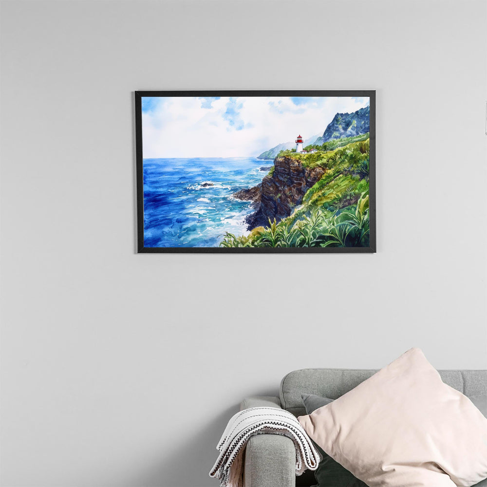 Makapuʻu Point Lighthouse Trail Hawaii Watercolor Poster Oahu Travel Print Coastal Landscape Painting Wall Art Souvenir