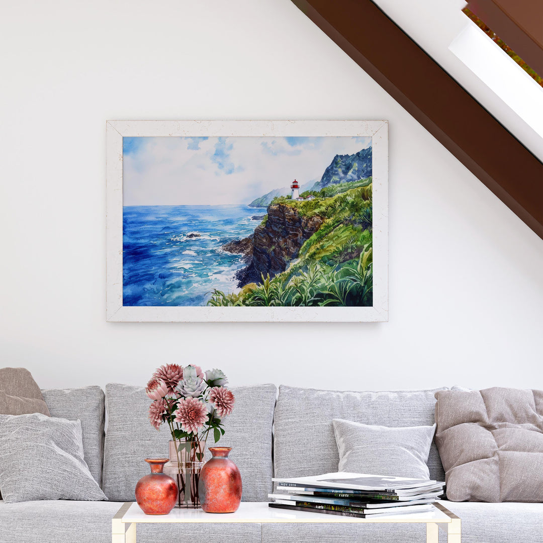 Makapuʻu Point Lighthouse Trail Hawaii Watercolor Poster Oahu Travel Print Coastal Landscape Painting Wall Art Souvenir