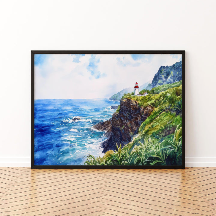 Makapuʻu Point Lighthouse Trail Hawaii Watercolor Poster Oahu Travel Print Coastal Landscape Painting Wall Art Souvenir