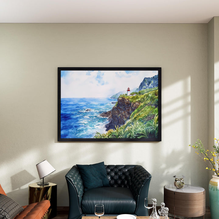 Makapuʻu Point Lighthouse Trail Hawaii Watercolor Poster Oahu Travel Print Coastal Landscape Painting Wall Art Souvenir