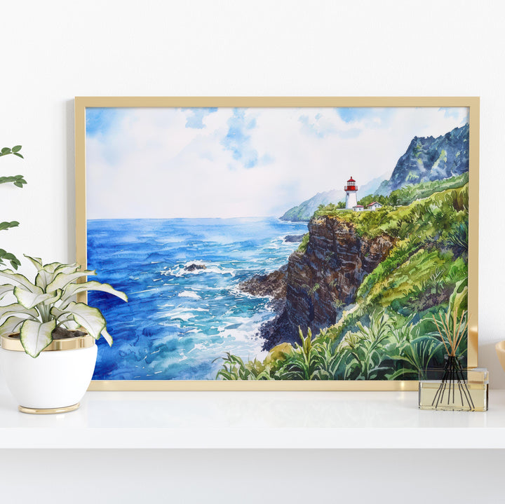 Makapuʻu Point Lighthouse Trail Hawaii Watercolor Poster Oahu Travel Print Coastal Landscape Painting Wall Art Souvenir