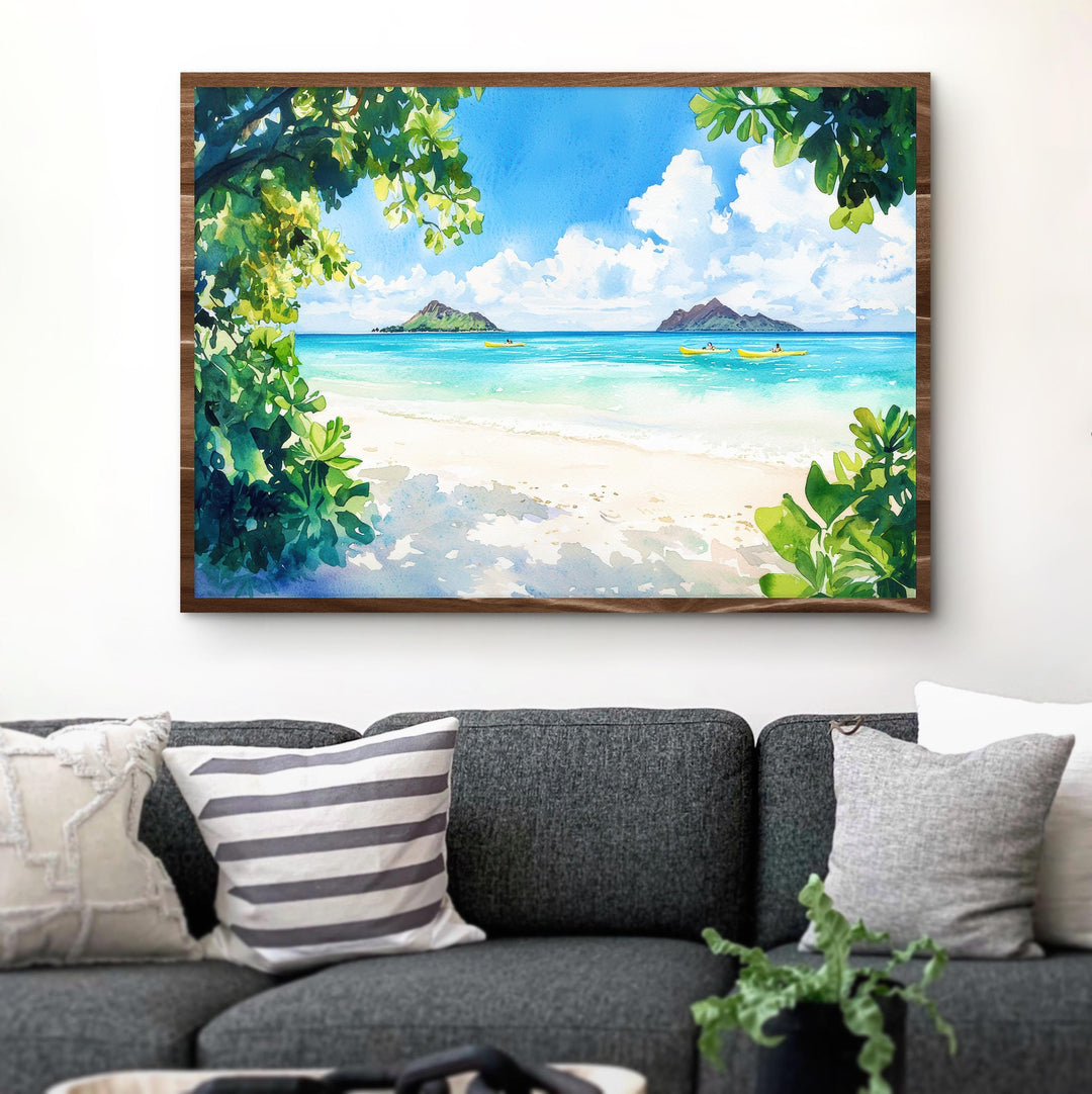 Lanikai Beach Hawaii Watercolor Poster Oahu Travel Print Coastal Landscape Painting Tropical Wall Art Island Souvenir