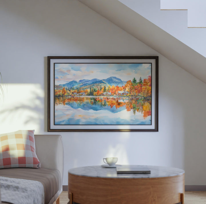 Lake Placid New York Watercolor Poster Adirondacks Travel Print Mountain Landscape Painting Wall Art Upstate Souvenir