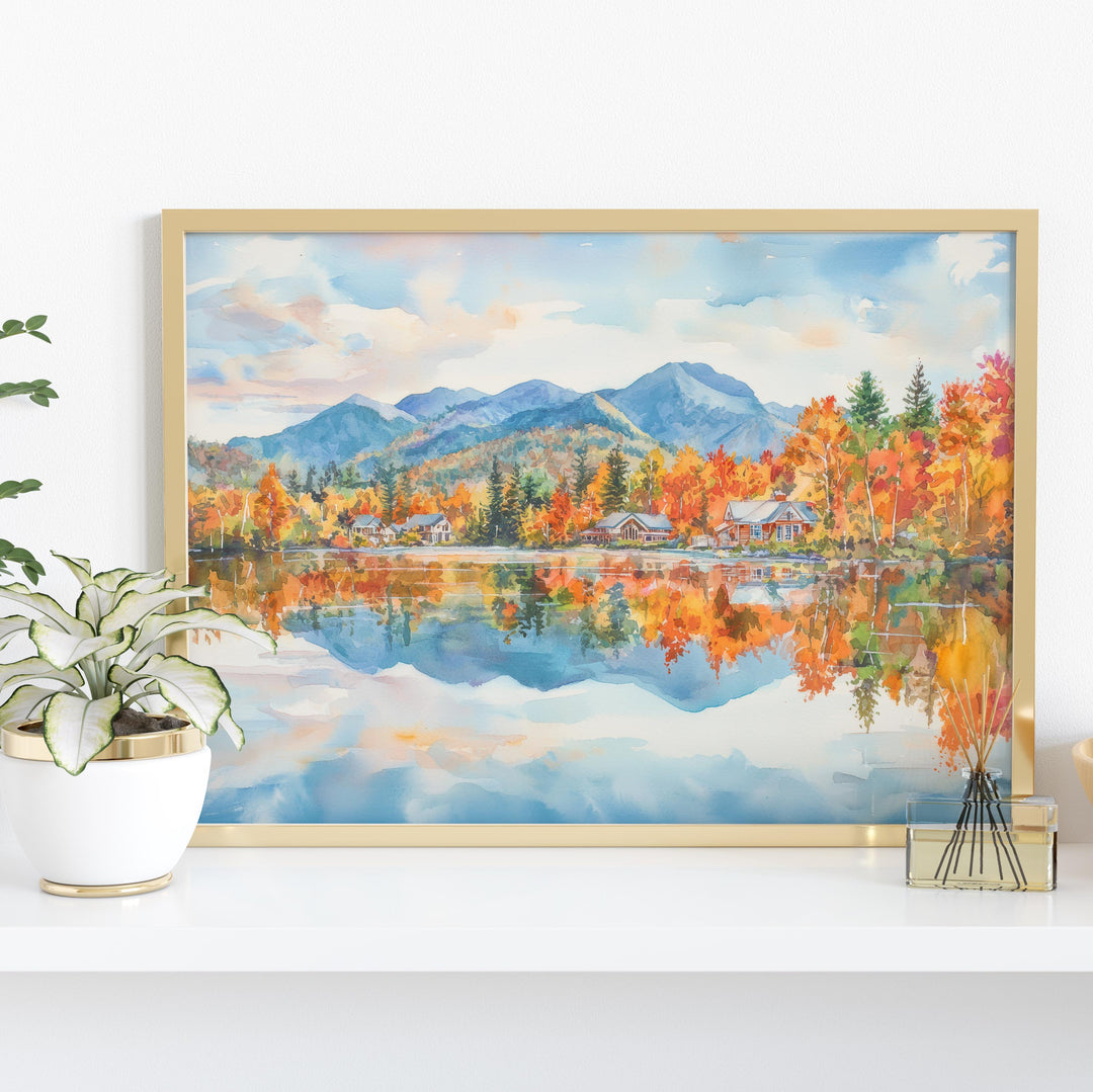 Lake Placid New York Watercolor Poster Adirondacks Travel Print Mountain Landscape Painting Wall Art Upstate Souvenir