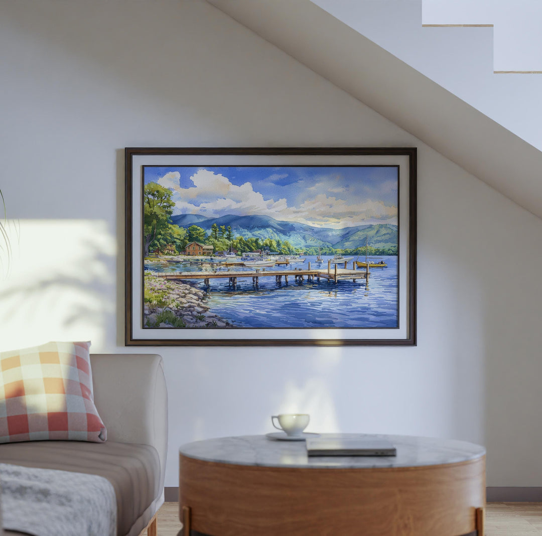 Lake George New York Watercolor Poster Adirondacks Travel Print Lake Landscape Painting Wall Art Upstate Souvenir