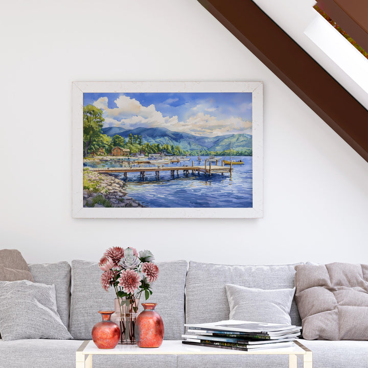 Lake George New York Watercolor Poster Adirondacks Travel Print Lake Landscape Painting Wall Art Upstate Souvenir