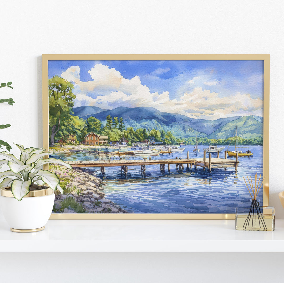 Lake George New York Watercolor Poster Adirondacks Travel Print Lake Landscape Painting Wall Art Upstate Souvenir
