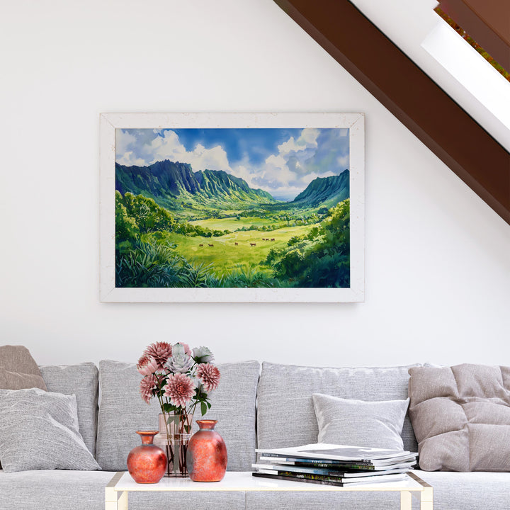 Kualoa Ranch Hawaii Watercolor Poster Oahu Travel Print Landscape Painting Tropical Wall Art Island Souvenir