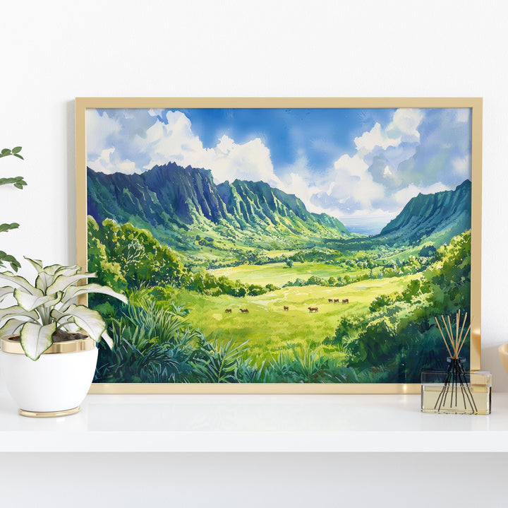 Kualoa Ranch Hawaii Watercolor Poster Oahu Travel Print Landscape Painting Tropical Wall Art Island Souvenir