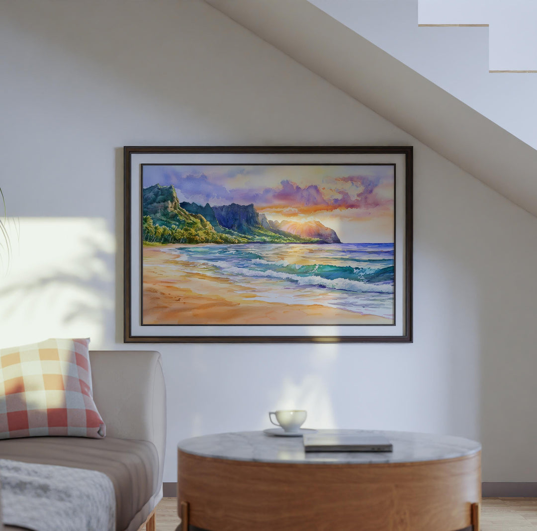 Kauai Hawaii Watercolor Poster Kauai Travel Print Island Landscape Painting Coastal Wall Art Tropical Paradise Souvenir