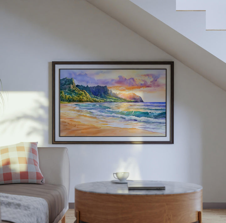 Kauai Hawaii Watercolor Poster Kauai Travel Print Island Landscape Painting Coastal Wall Art Tropical Paradise Souvenir