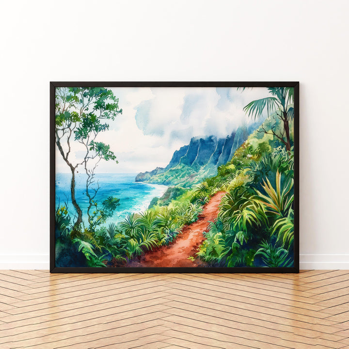 Kalalau Trail Hawaii Watercolor Poster Kauai Travel Print Coastal Landscape Painting Tropical Wall Art Island Souvenir