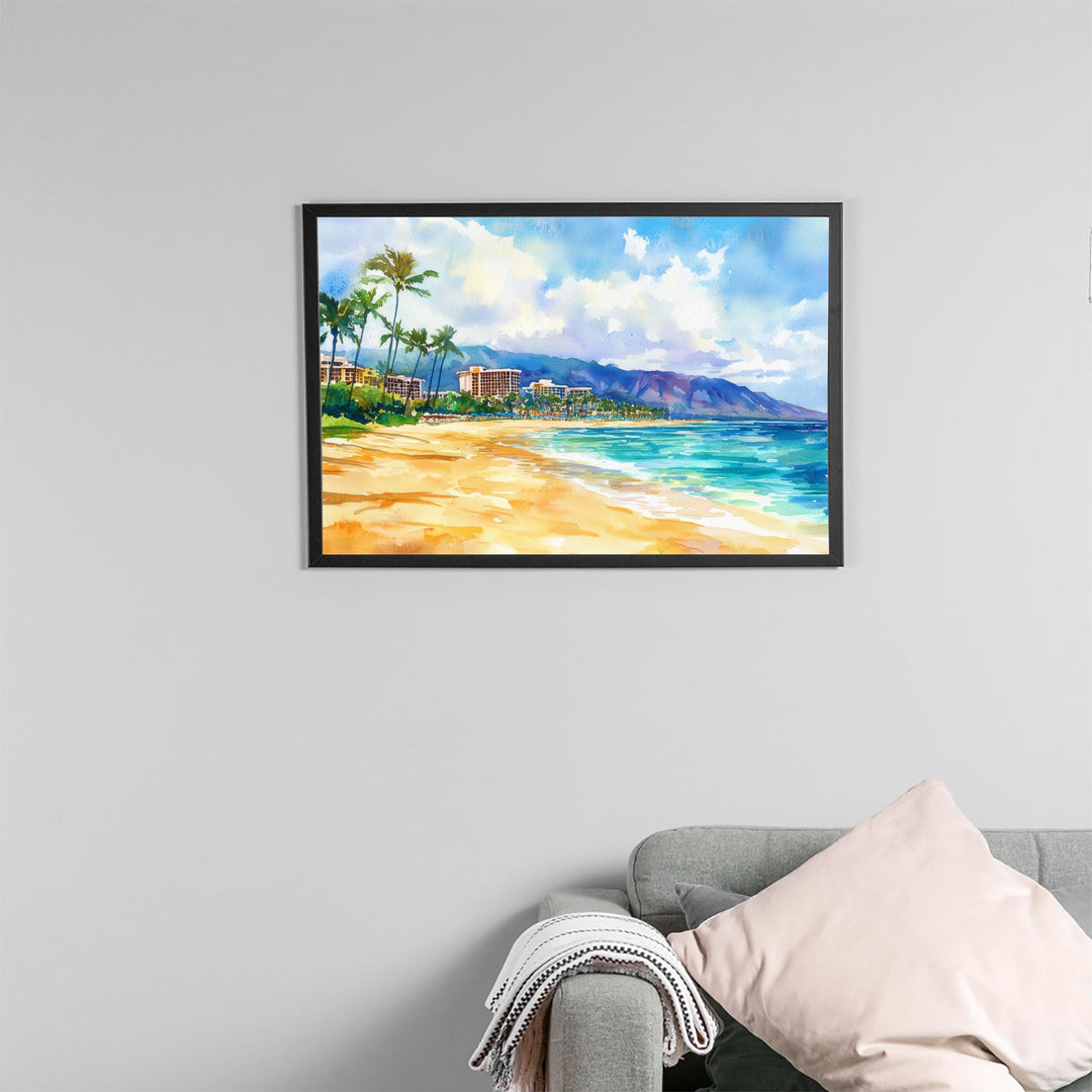 Kaanapali Coast Hawaii Watercolor Poster Maui Travel Print Beach Landscape Painting Coastal Wall Art Tropical Souvenir