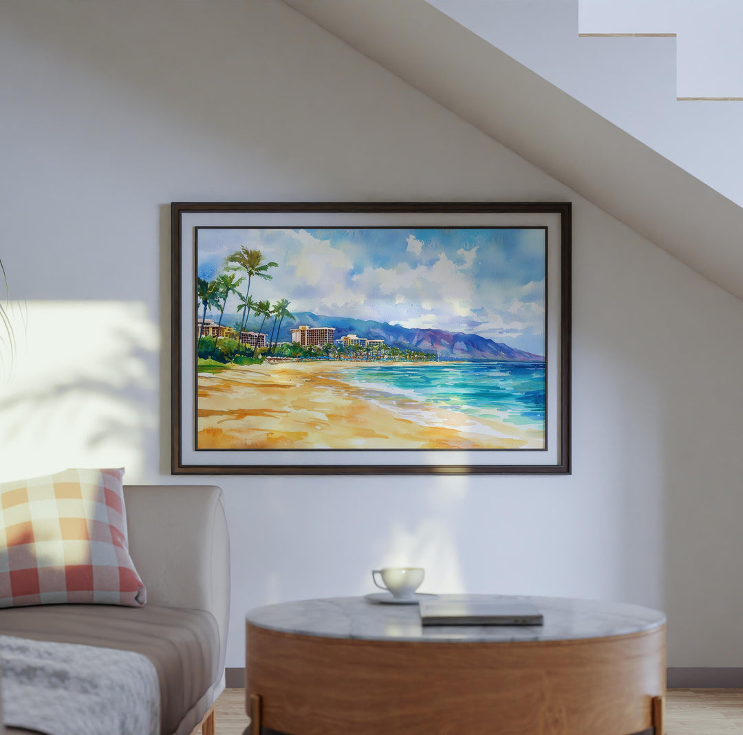 Kaanapali Coast Hawaii Watercolor Poster Maui Travel Print Beach Landscape Painting Coastal Wall Art Tropical Souvenir