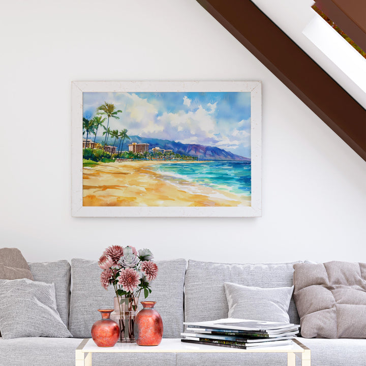 Kaanapali Coast Hawaii Watercolor Poster Maui Travel Print Beach Landscape Painting Coastal Wall Art Tropical Souvenir