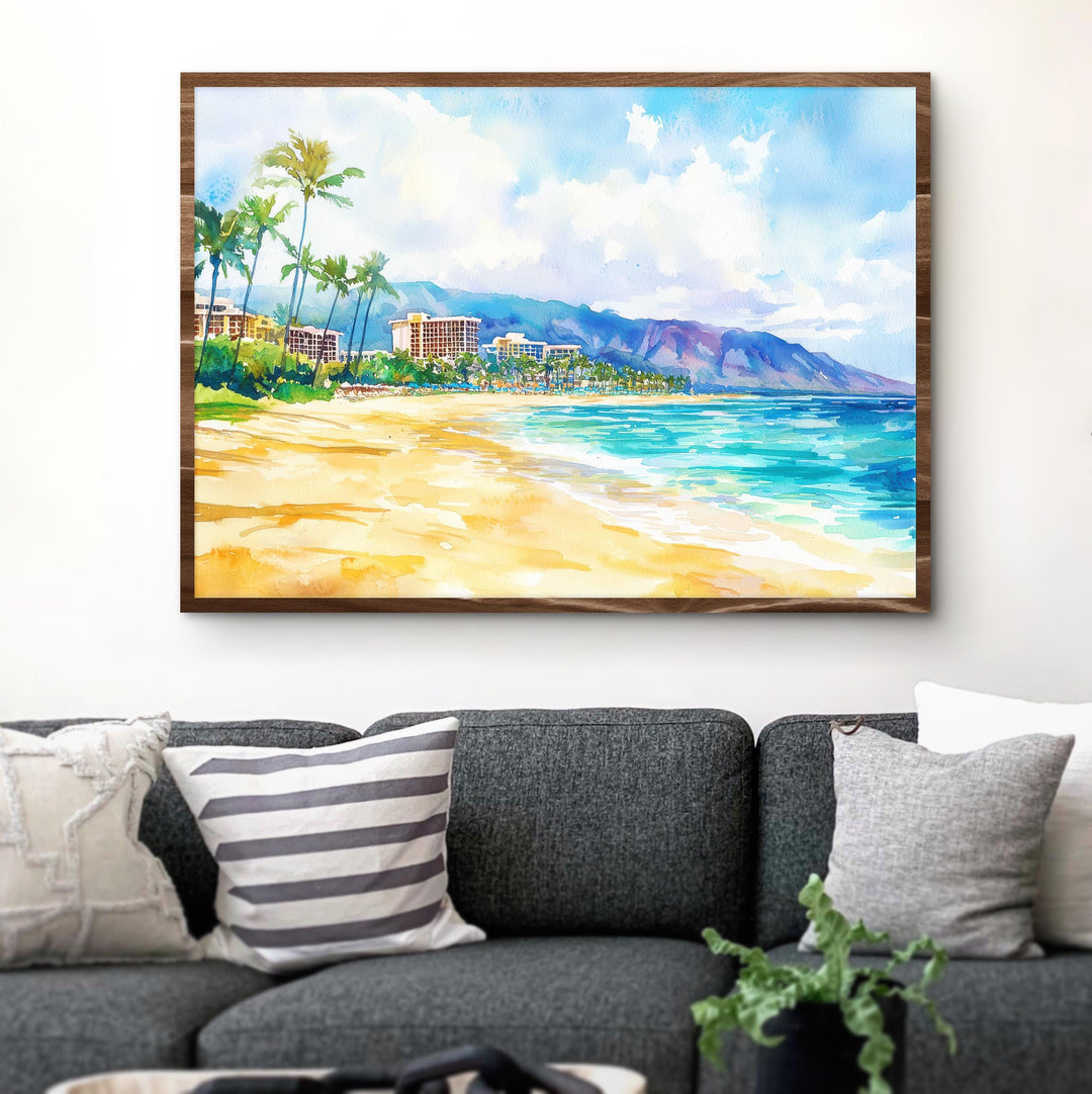 Kaanapali Coast Hawaii Watercolor Poster Maui Travel Print Beach Landscape Painting Coastal Wall Art Tropical Souvenir