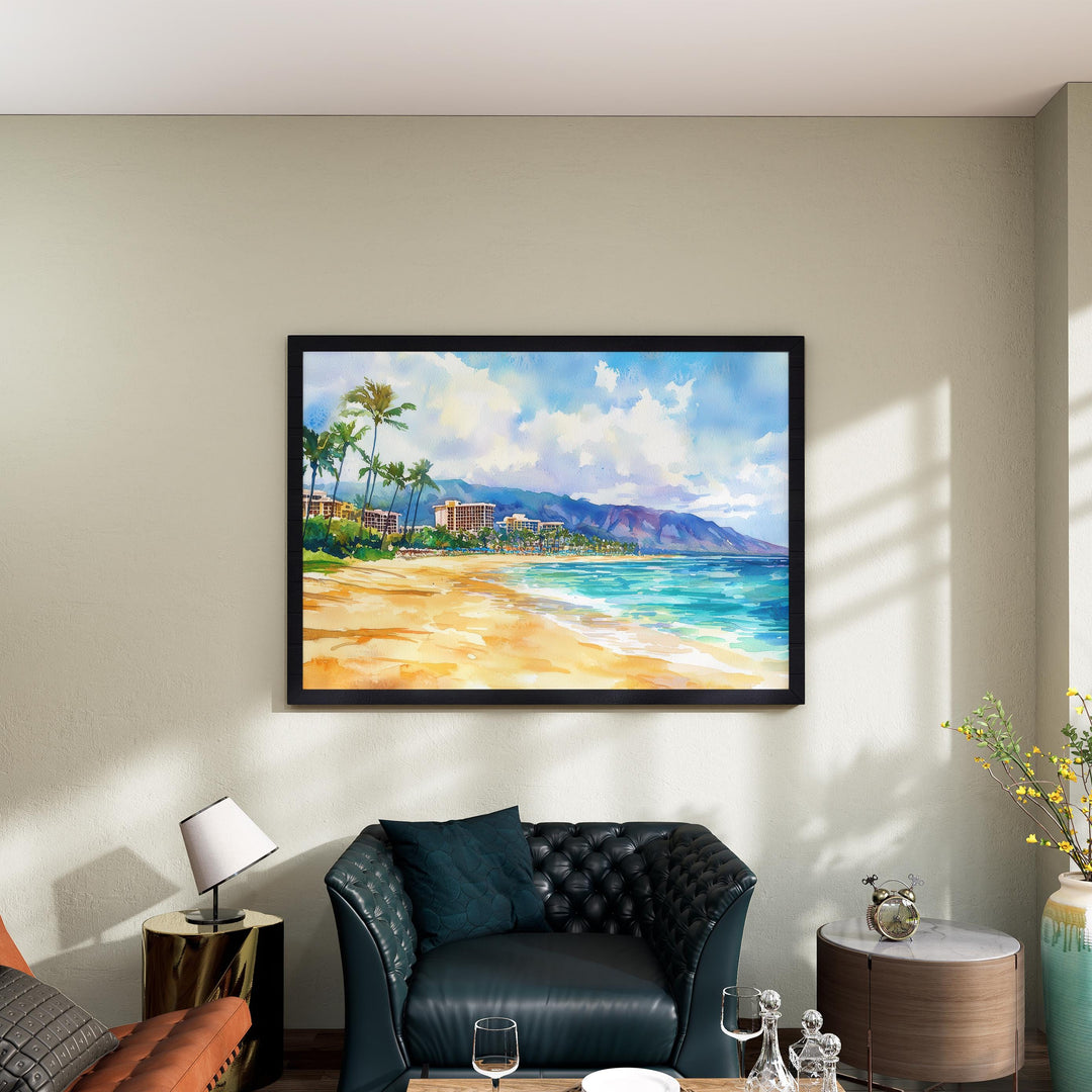 Kaanapali Coast Hawaii Watercolor Poster Maui Travel Print Beach Landscape Painting Coastal Wall Art Tropical Souvenir