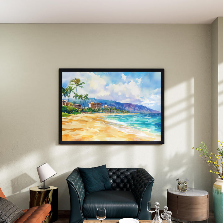 Kaanapali Coast Hawaii Watercolor Poster Maui Travel Print Beach Landscape Painting Coastal Wall Art Tropical Souvenir