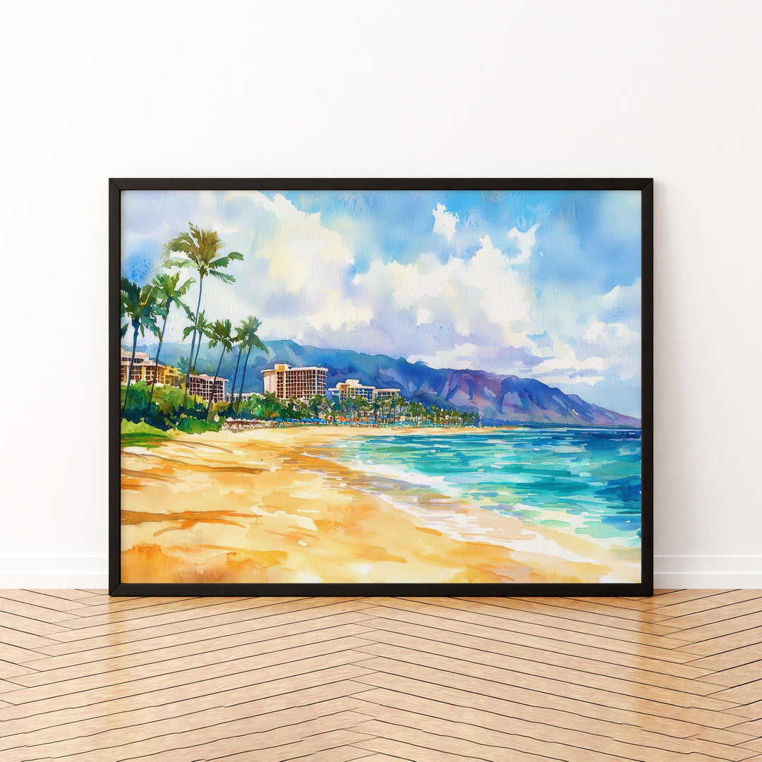 Kaanapali Coast Hawaii Watercolor Poster Maui Travel Print Beach Landscape Painting Coastal Wall Art Tropical Souvenir