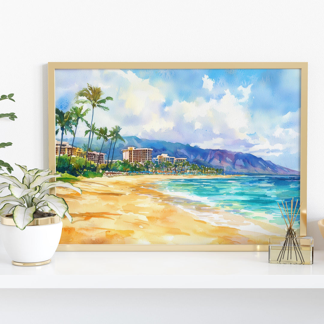 Kaanapali Coast Hawaii Watercolor Poster Maui Travel Print Beach Landscape Painting Coastal Wall Art Tropical Souvenir