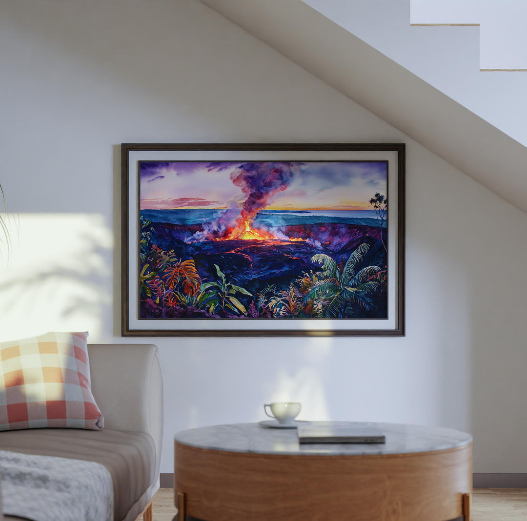 Hawaii Volcanoes National Park Watercolor Poster Big Island Travel Print Landscape Painting Wall Art Tropical Souvenir
