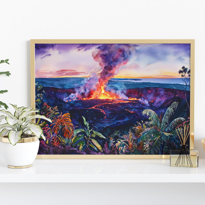 Hawaii Volcanoes National Park Watercolor Poster Big Island Travel Print Landscape Painting Wall Art Tropical Souvenir
