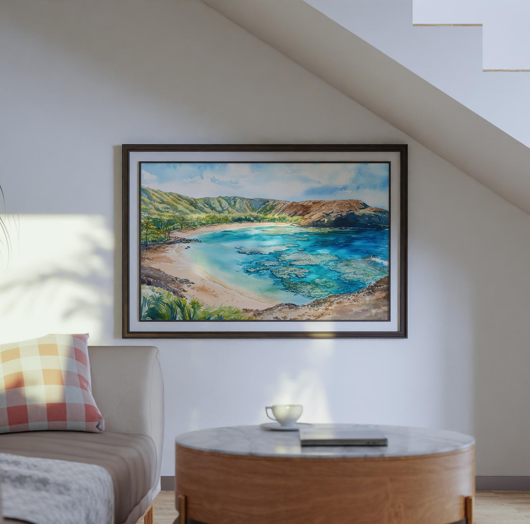 Hanauma Bay Nature Preserve Hawaii Watercolor Poster Oahu Travel Print Coastal Landscape Painting Tropical Wall Art Souvenir