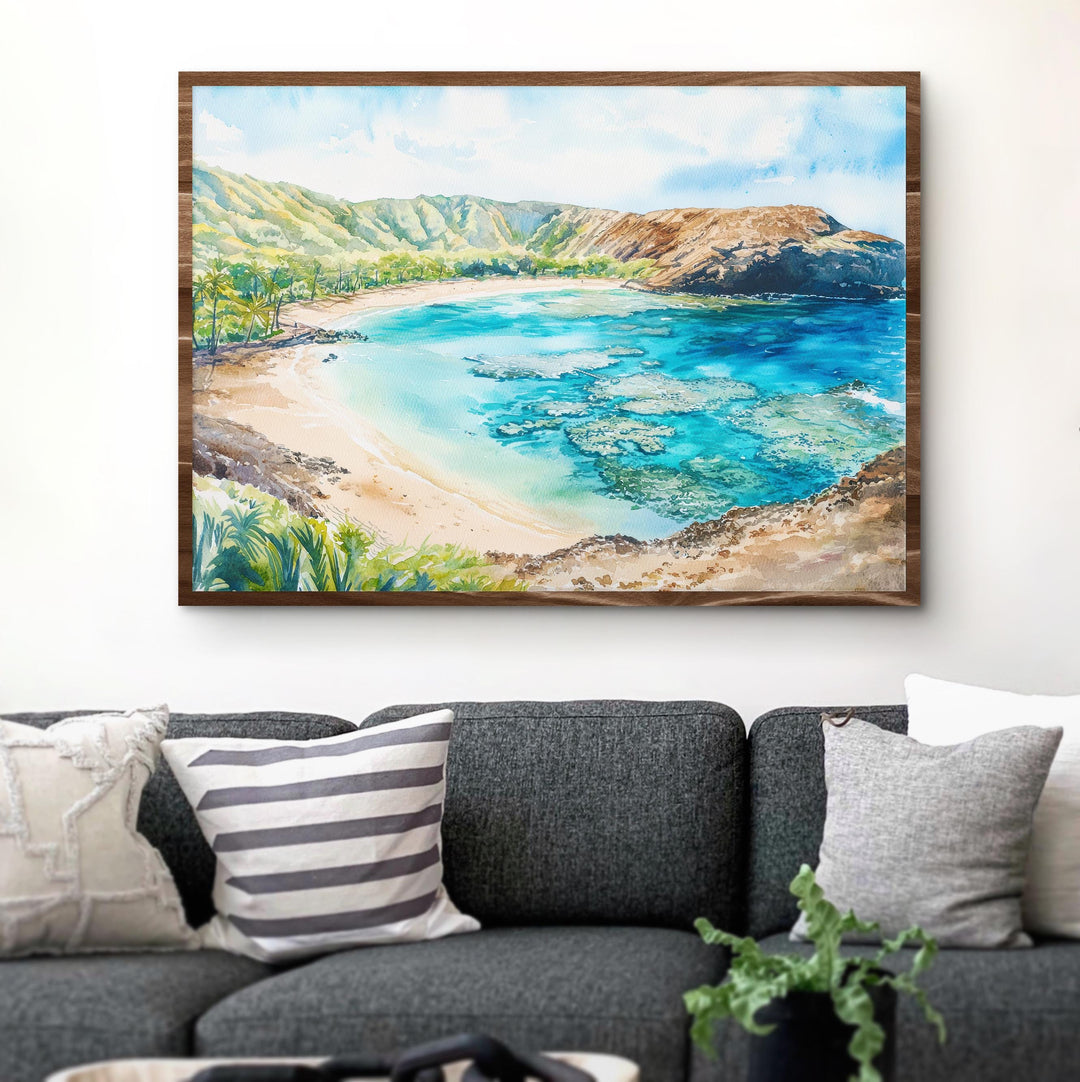 Hanauma Bay Nature Preserve Hawaii Watercolor Poster Oahu Travel Print Coastal Landscape Painting Tropical Wall Art Souvenir